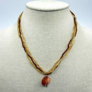 Layered Boho Seed Bead Necklace Earthy Brown Shell Pendant Festival Statement‎